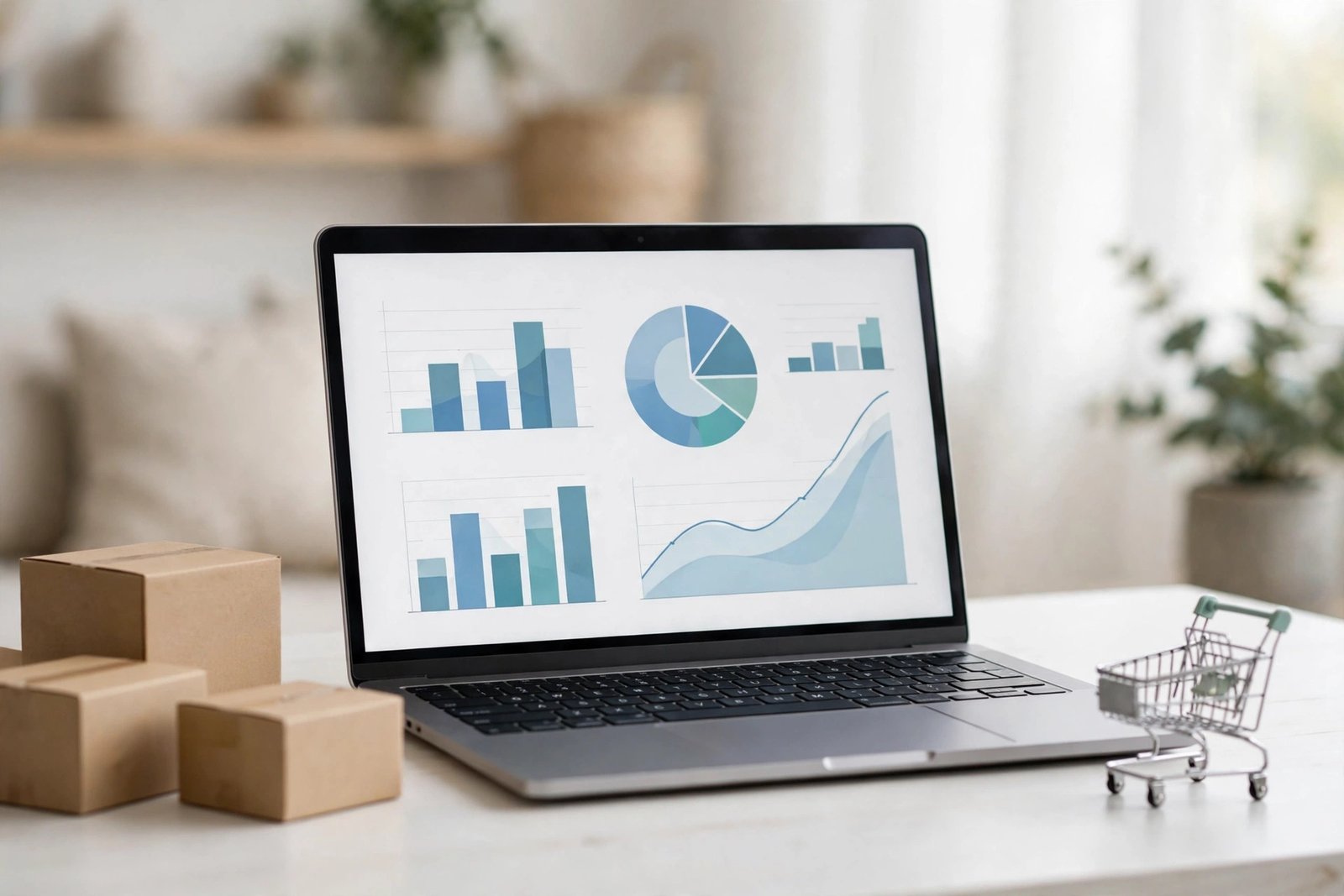 Laptop on a desk showing an online store dashboard with shipping boxes, symbolizing WooCommerce to Shopify store migration