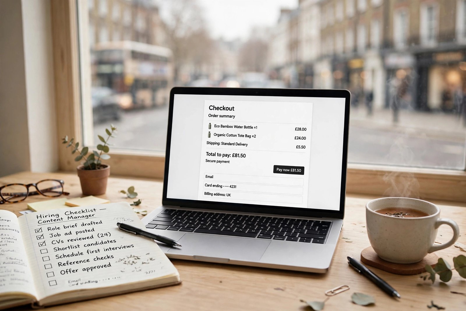 UK ecommerce workspace with a laptop showing a Shopify store checkout in pounds sterling