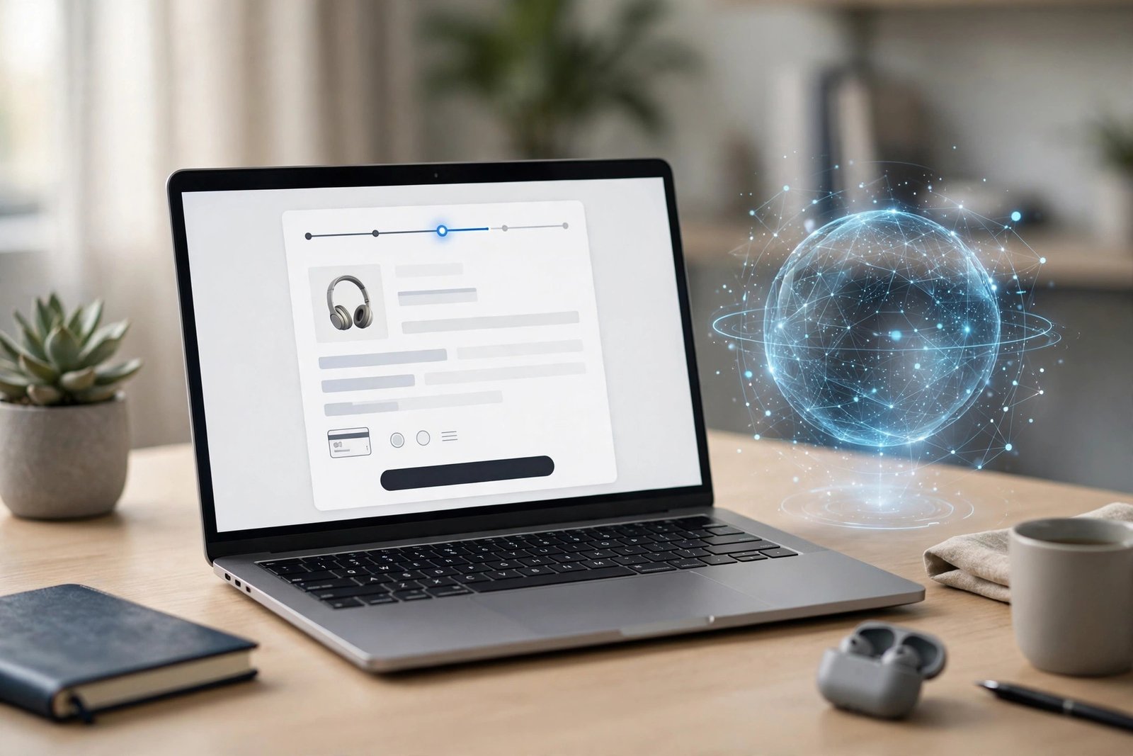 Futuristic online shopping concept with an AI assistant completing a purchase on a laptop showing a checkout page