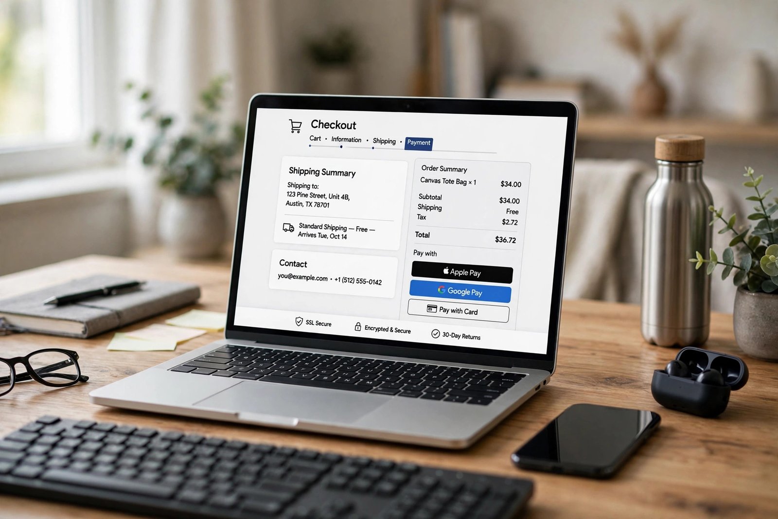 Laptop showing a Shopify checkout page with order summary, express payment buttons, and trust badges.