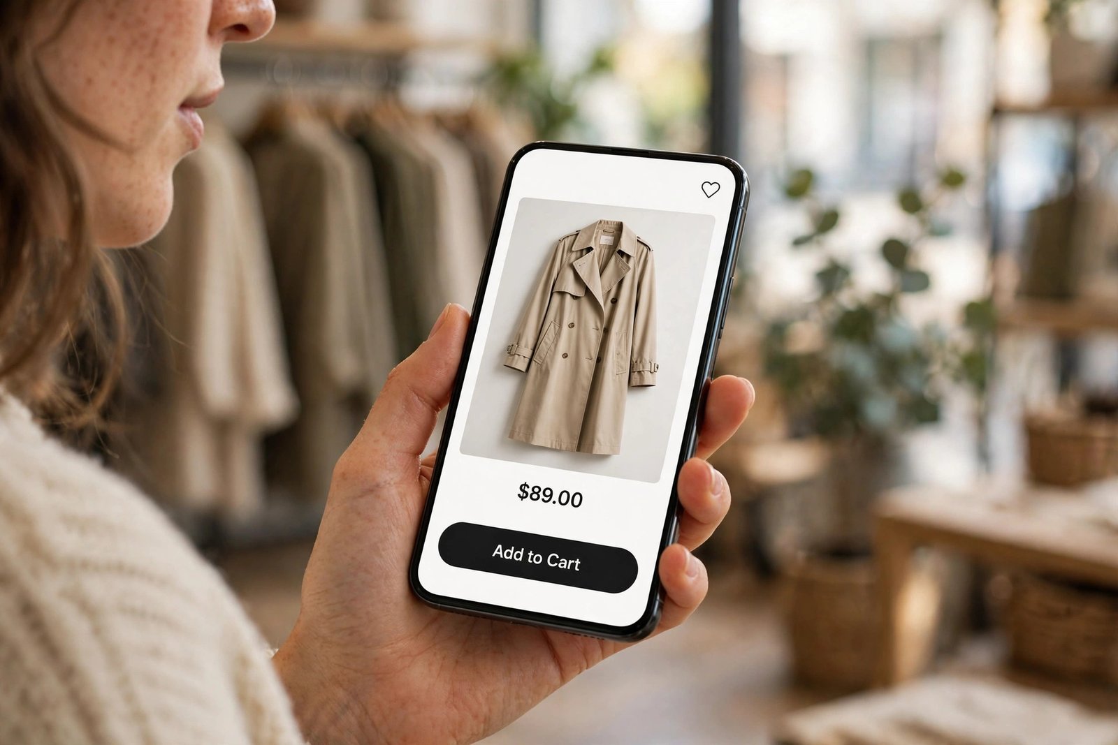 Shopper holding a smartphone showing a clean Shopify product page with price and Add to Cart button in thumb reach.