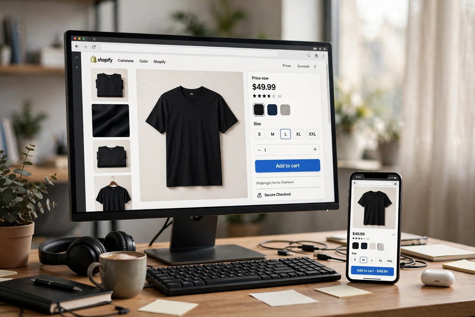 Developer optimizing a Shopify product page layout with a media gallery and sticky add-to-cart bar on screen.