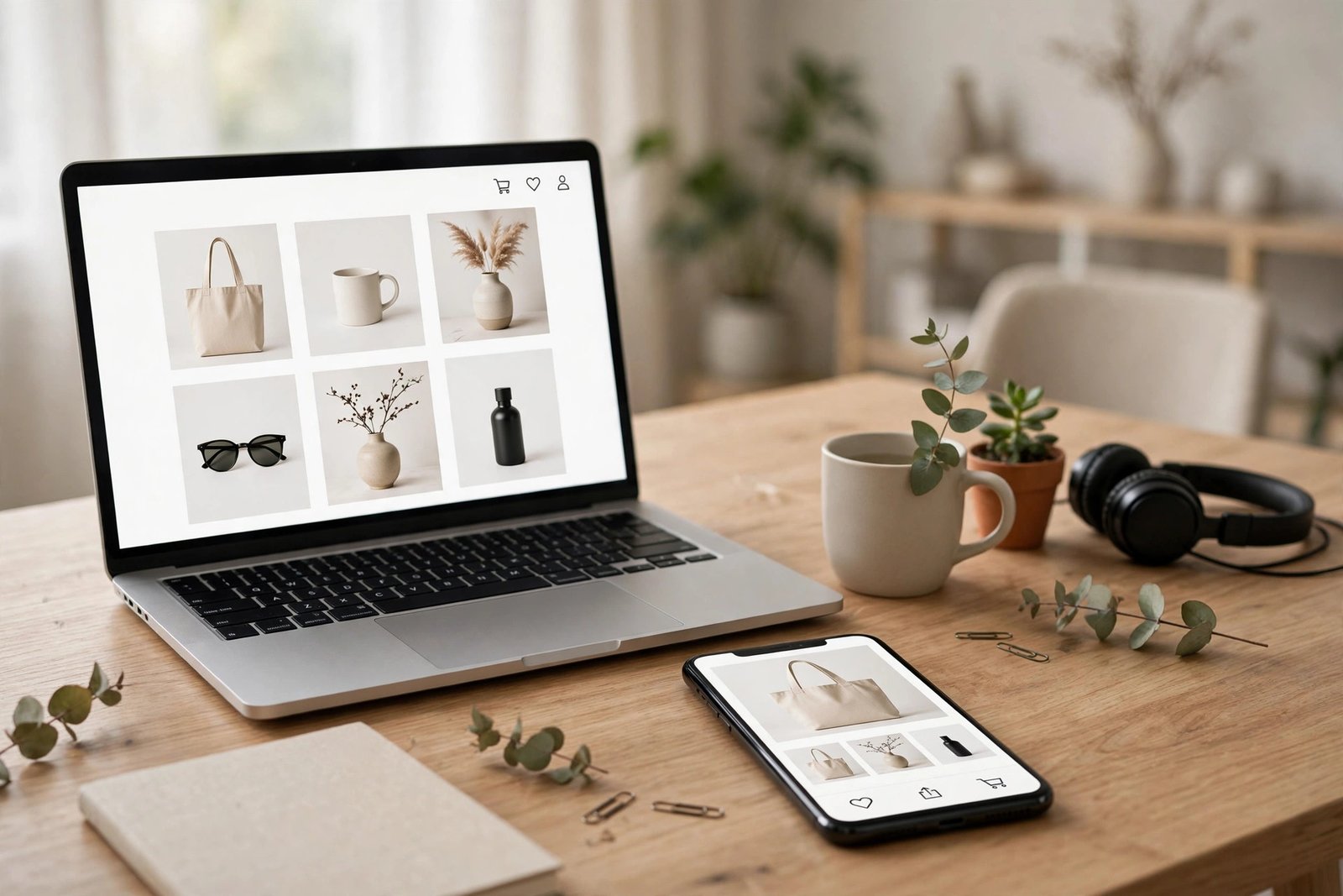 Laptop and smartphone displaying an online store website during a Squarespace to Shopify migration.